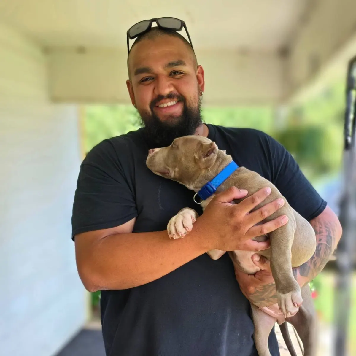 A man holding his lilac puppy on a porch
