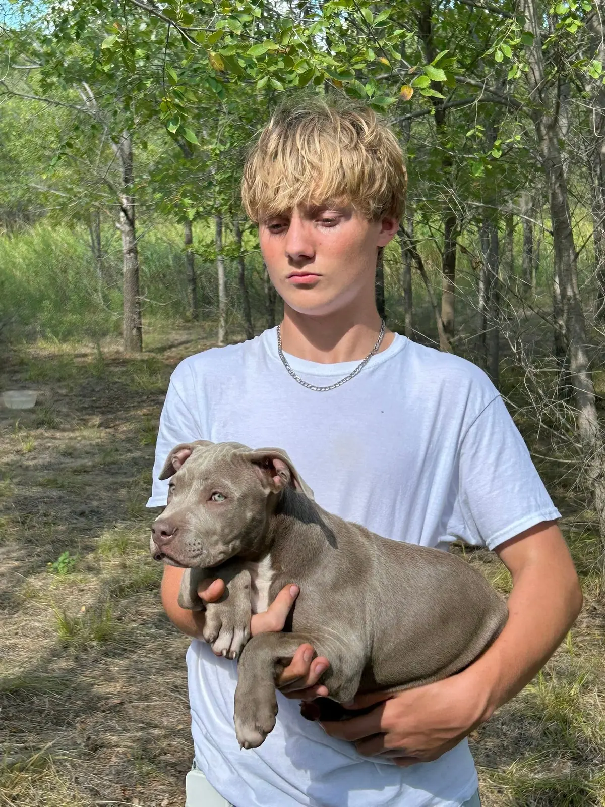 A teenager holding a lilac puppy